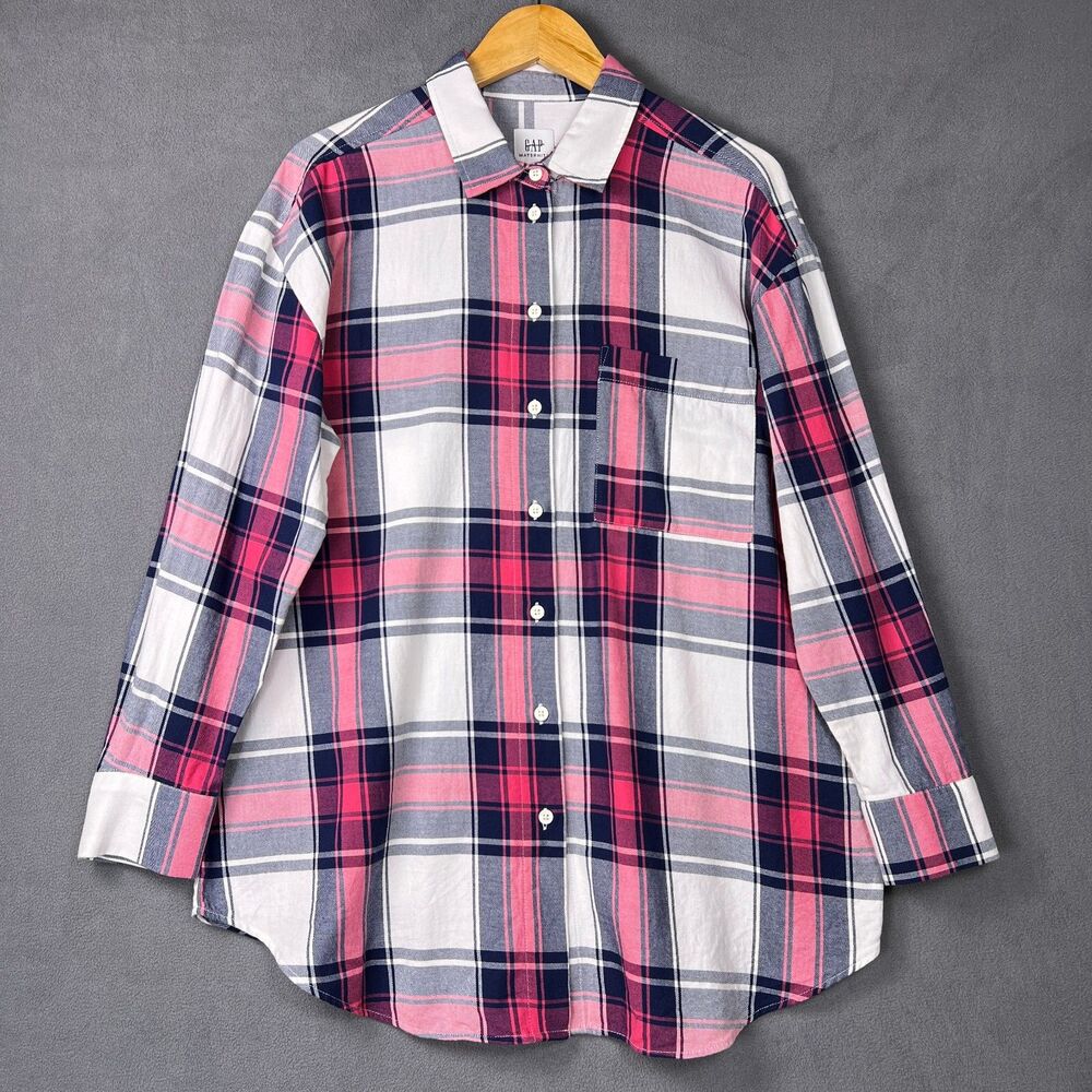 GAP Maternity Everyday Plaid Shirt Womens M Pink Navy Blue Button Up Long Sleeve
